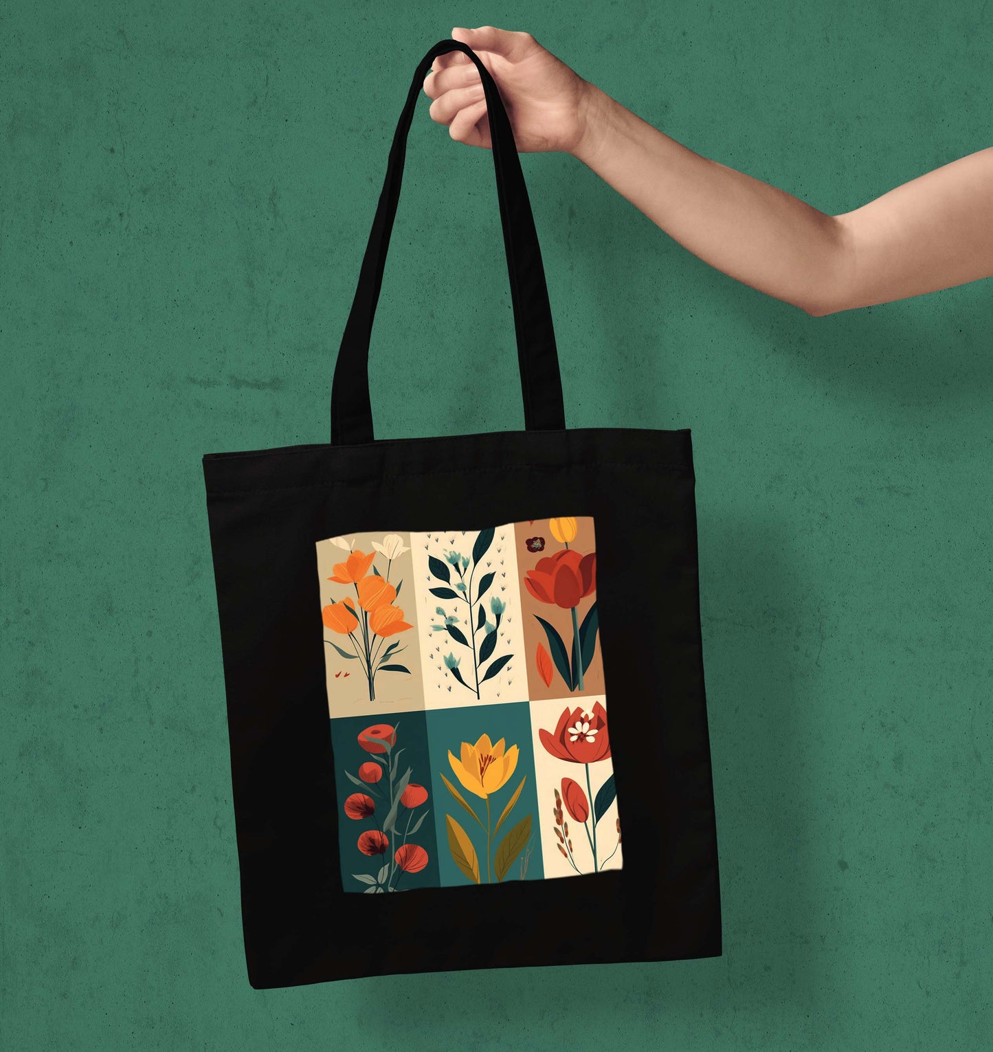 Flower art Design Printed Black With Pocket Tote Bag (14 X 16 Inches) For Shopping, College, Travel