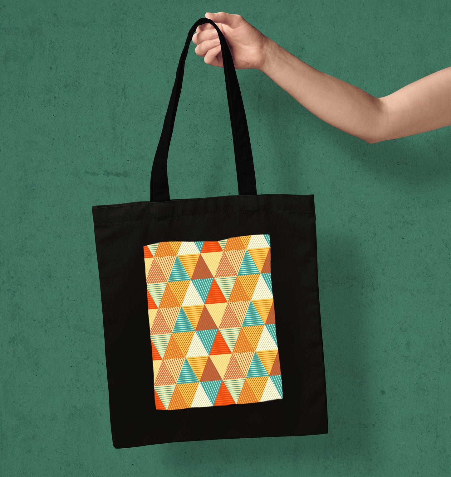Abstract Triangle Design Printed Black With Pocket Tote Bag (14 X 16 Inches) For Shopping, College, Travel