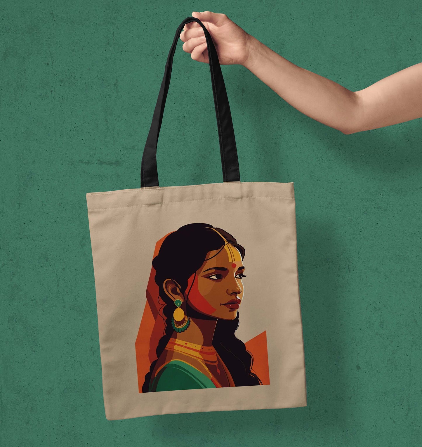 Woman Abstract Design Printed Black Handle Tote Bag (14 X 16 Inches) For Shopping, College, Travel