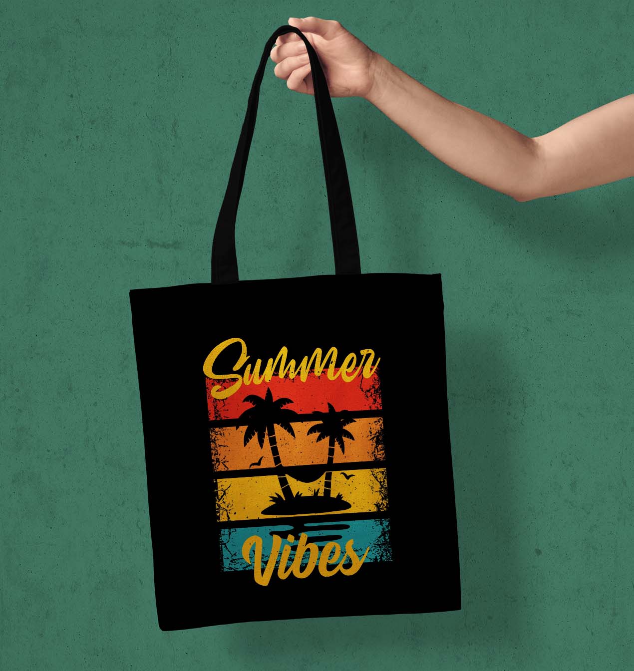 Summer Vibes Printed Black Tote Bag (14 X 16 Inches) For Shopping, College, Travel