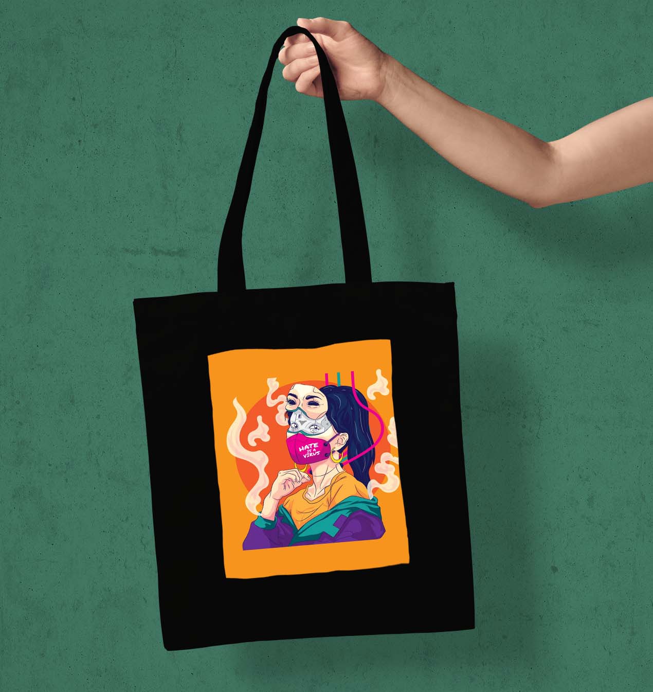Facemask Girl Design Printed Black Patch With Pocket Tote Bag (14 X 16 Inches) For Shopping, College, Travel