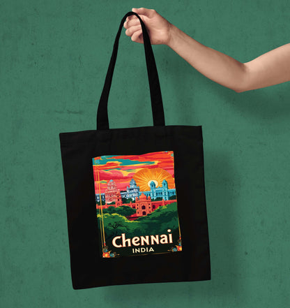 Chennai India Design Printed Black With Pocket Tote Bag (14 X 16 Inches) For Shopping, College, Travel