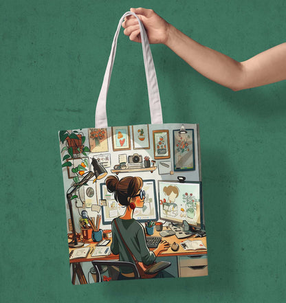 Abstract Study Design Printed White Tote Bag (14 X 16 Inches) For Shopping, College, Travel
