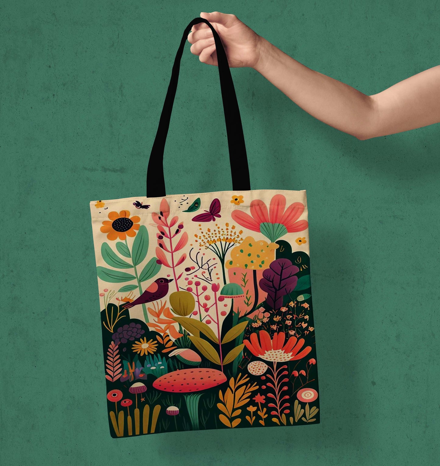 Beautiful Flowers Black Handle Tote Bag (14 X 16 Inches) For Shopping, College, Travel