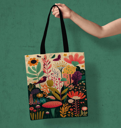 Beautiful Flowers Black Handle Tote Bag (14 X 16 Inches) For Shopping, College, Travel