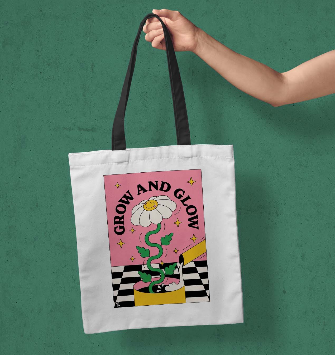 Grow and Glow  Printed Black Handle Tote Bag (14 X 16 Inches) For Shopping, College, Travel