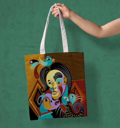 Abstract Face Printed White Tote Bag (14 X 16 Inches) For Shopping, College, Travel