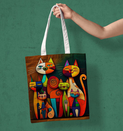 Colourful Different Cats White Printed Tote Bag (14 X 16 Inches) For Shopping, College, Travel