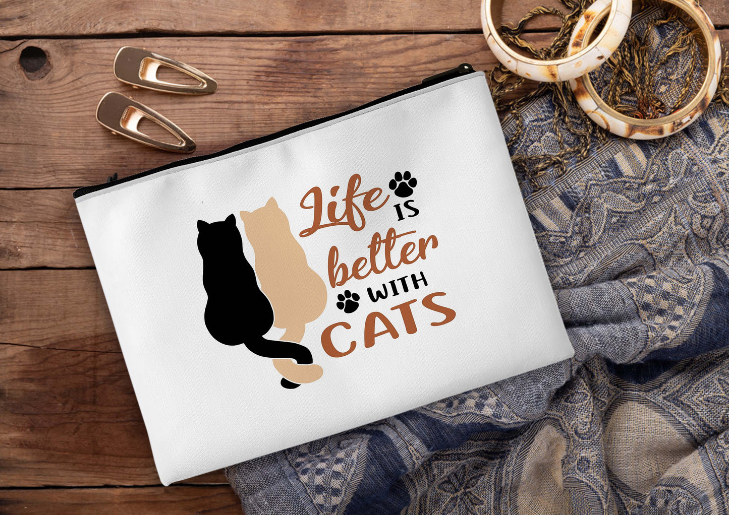 Life IS better with cats Printed Design Tote Bag with Pouch Bag (14 X 16 Inches) For Shopping, College, Travel