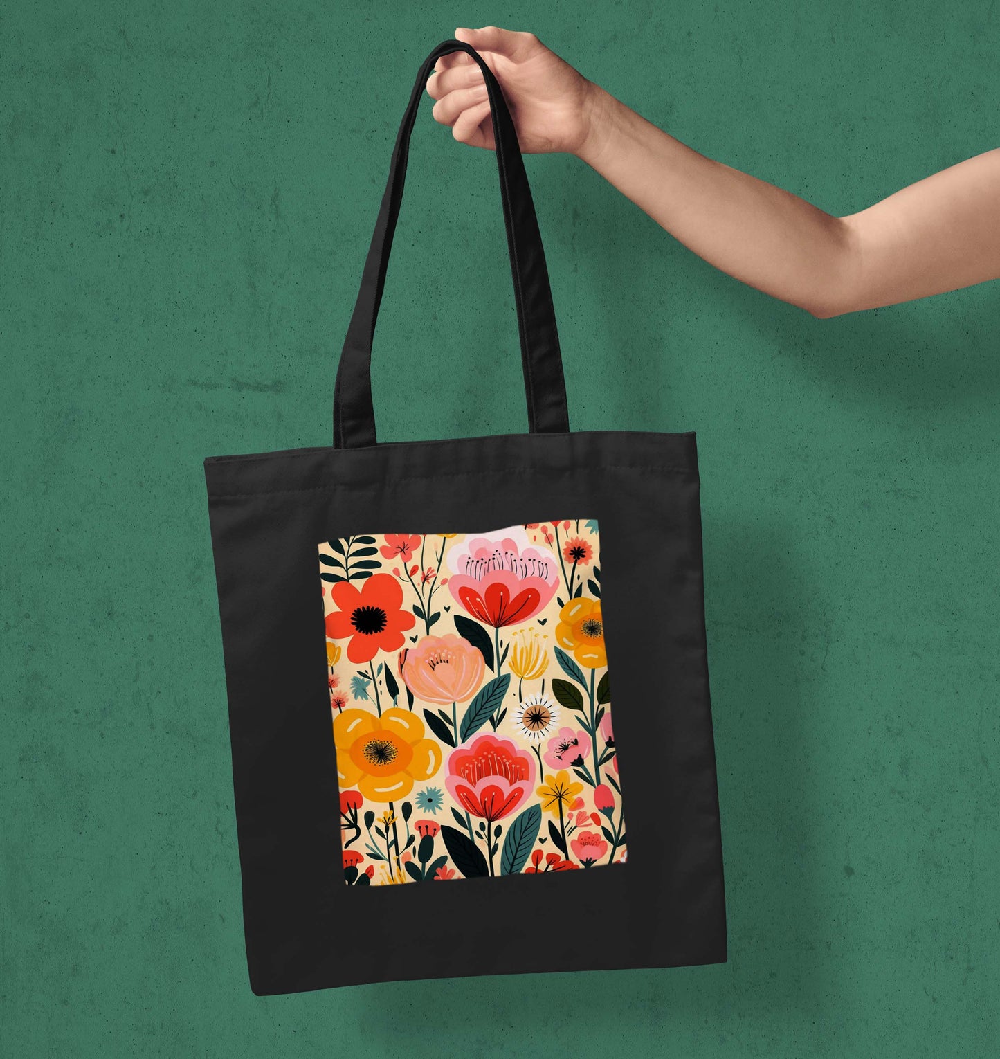 Flower Design Printed Black Patch With Pocket Tote Bag (14 X 16 Inches) For Shopping, College, Travel