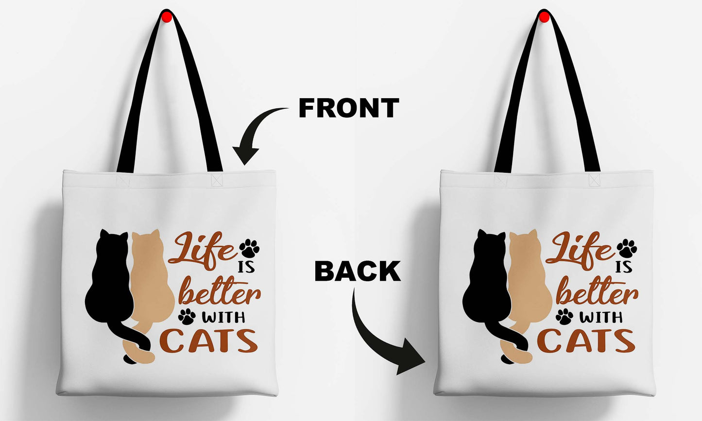 Life is Better with cats Printed Black Handle Tote Bag (14 X 16 Inches) For Shopping, College, Travel