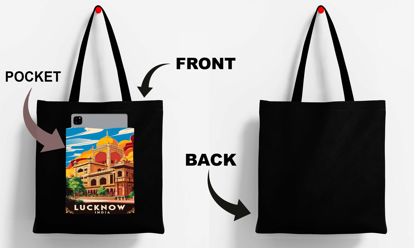 Lucknow India Design Printed Black With Pocket Tote Bag (14 X 16 Inches) For Shopping, College, Travel