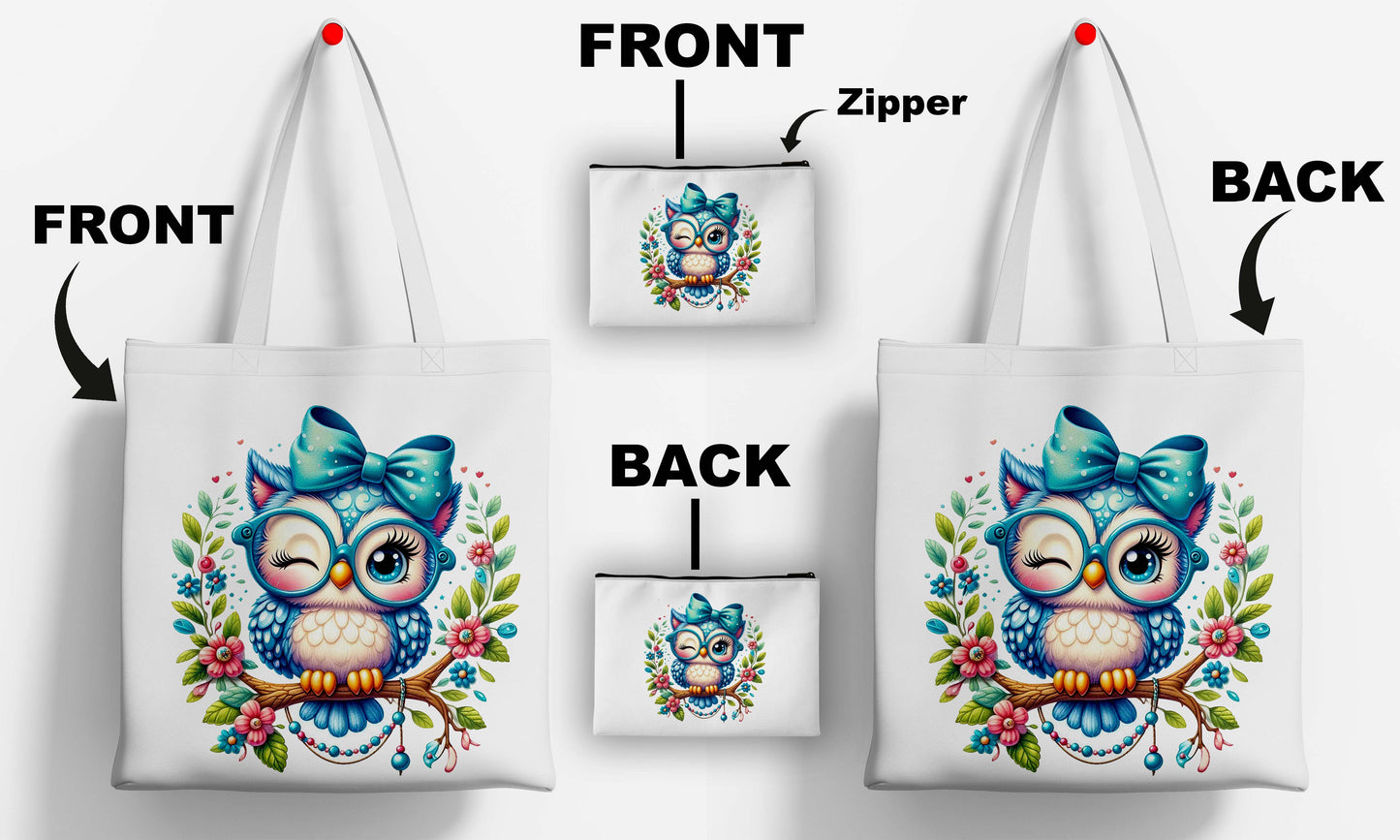 Blue owl Printed Design Tote Bag with Pouch Bag (14 X 16 Inches) For Shopping, College, Travel