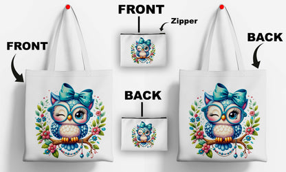 Blue owl Printed Design Tote Bag with Pouch Bag (14 X 16 Inches) For Shopping, College, Travel