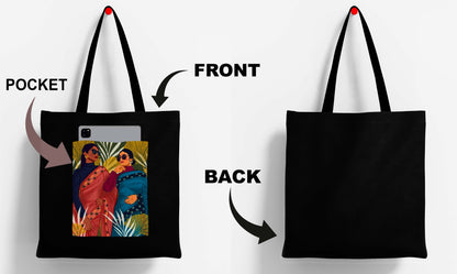 Women wearing glasses Design Printed Black With Pocket Tote Bag (14 X 16 Inches) For Shopping, College, Travel