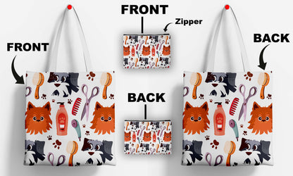 Hand drawn pet grooming pattern Printed Design Tote Bag with Pouch Bag (14 X 16 Inches) For Shopping, College, Travel