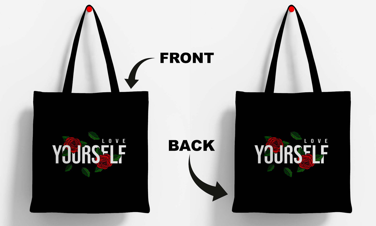 Love Yourself Printed Black Tote Bag (14 X 16 Inches) For Shopping, College, Travel