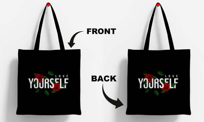 Love Yourself Printed Black Tote Bag (14 X 16 Inches) For Shopping, College, Travel