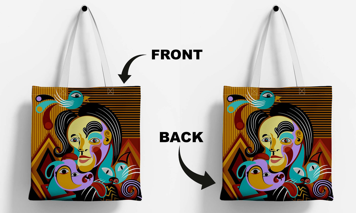 Abstract Face Printed White Tote Bag (14 X 16 Inches) For Shopping, College, Travel