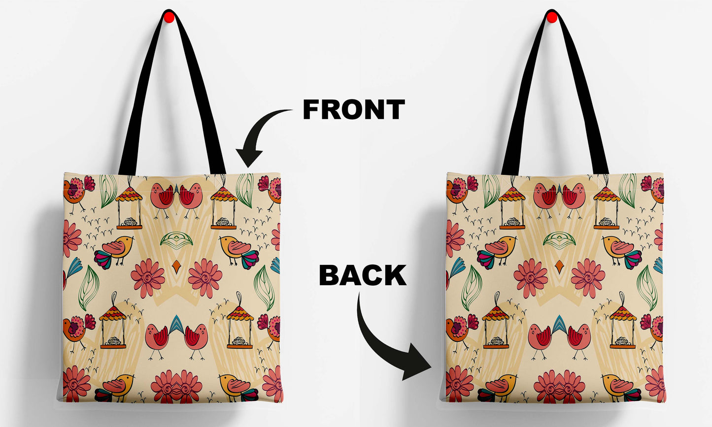 Birds And Flower Design Print Black Handle Tote Bag (14 X 16 Inches) For Shopping, College, Travel (Copy)
