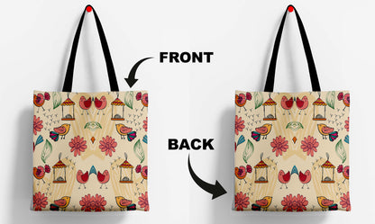 Birds And Flower Design Print Black Handle Tote Bag (14 X 16 Inches) For Shopping, College, Travel (Copy)