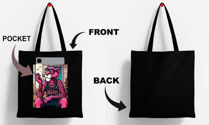 Pink panther Design Printed Black With Pocket Tote Bag (14 X 16 Inches) For Shopping, College, Travel