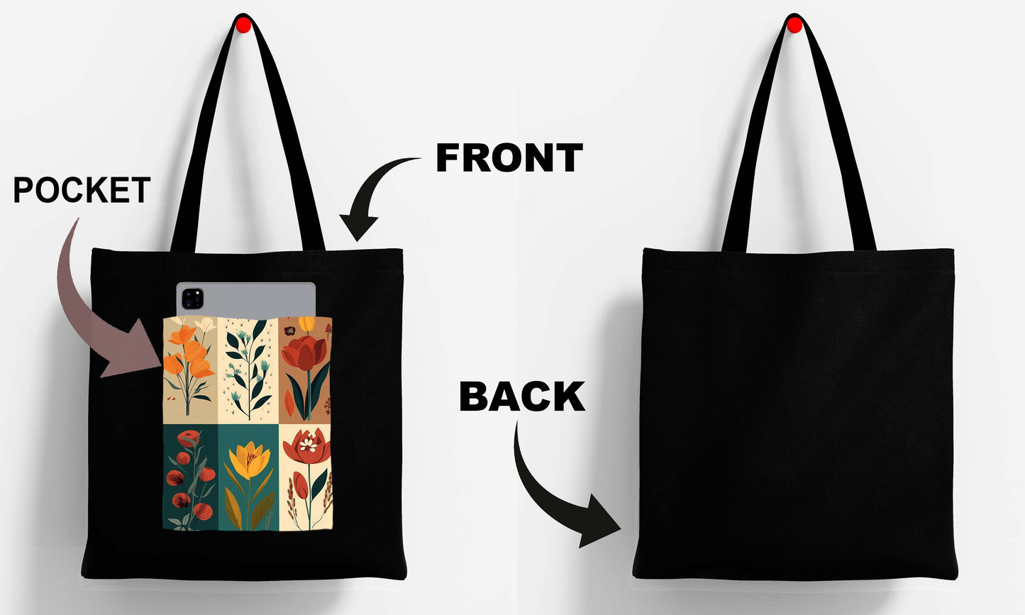 Flower art Design Printed Black With Pocket Tote Bag (14 X 16 Inches) For Shopping, College, Travel