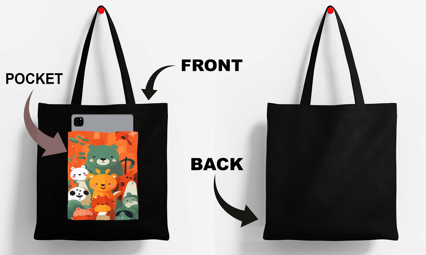 Cute Bear Design Printed Black Patch With Pocket Tote Bag (14 X 16 Inches) For Shopping, College, Travel