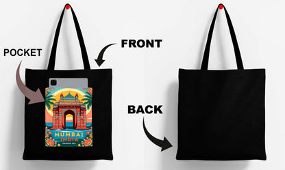 Mumbai India Design Printed Black With Pocket Tote Bag (14 X 16 Inches) For Shopping, College, Travel