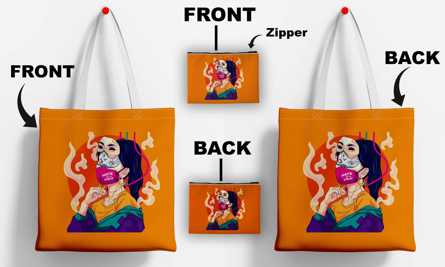 Facemask girl Printed Design Tote Bag with Pouch Bag (14 X 16 Inches) For Shopping, College, Travel