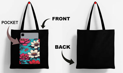Flower 2 Design Printed Black With Pocket Tote Bag (14 X 16 Inches) For Shopping, College, Travel