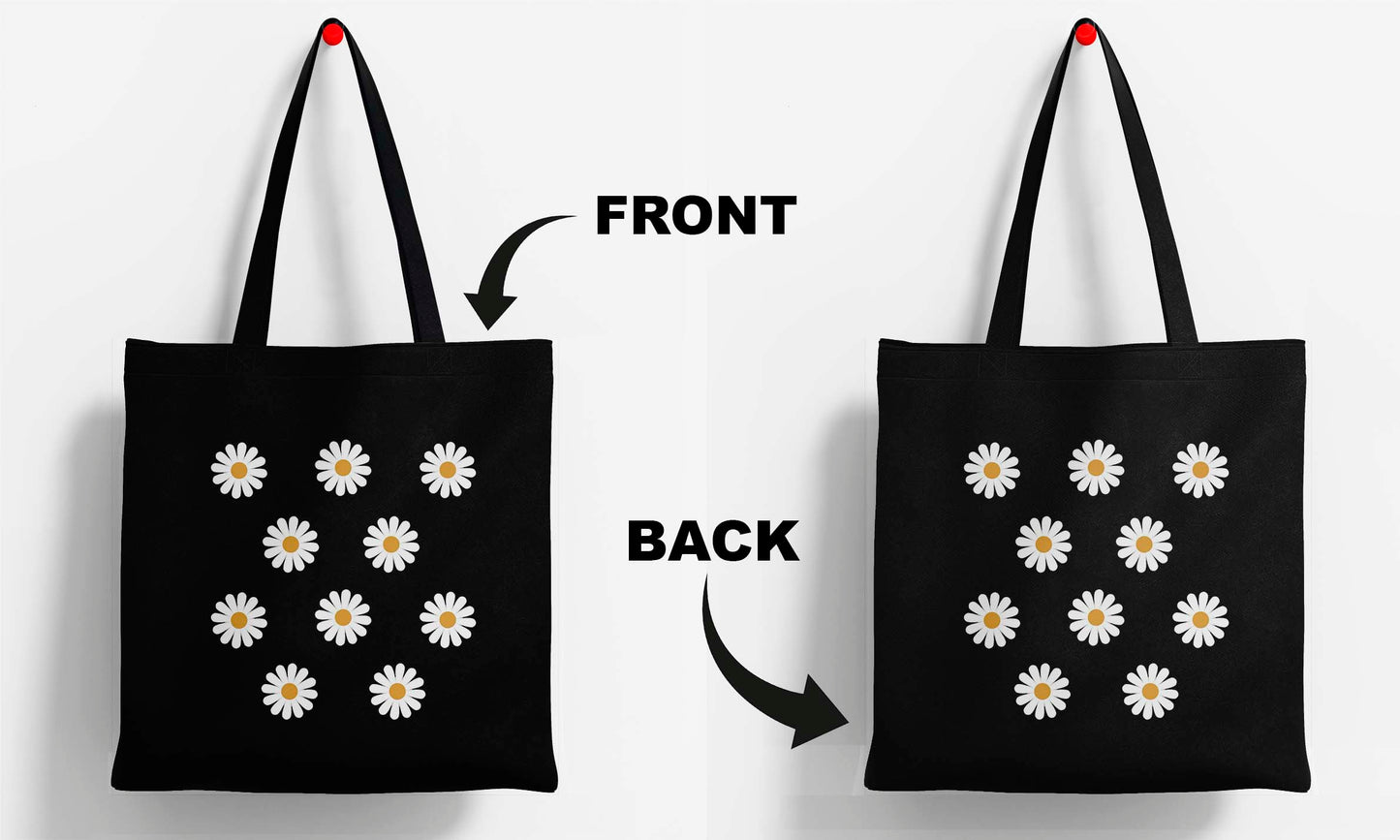 White Flower Printed Black Tote Bag (14 X 16 Inches) For Shopping, College, Travel