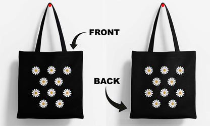 White Flower Printed Black Tote Bag (14 X 16 Inches) For Shopping, College, Travel