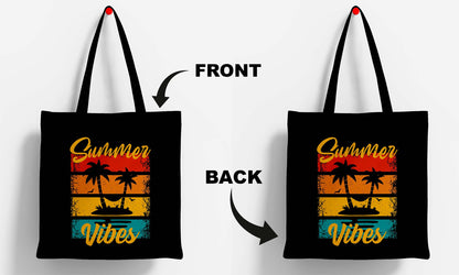Summer Vibes Printed Black Tote Bag (14 X 16 Inches) For Shopping, College, Travel