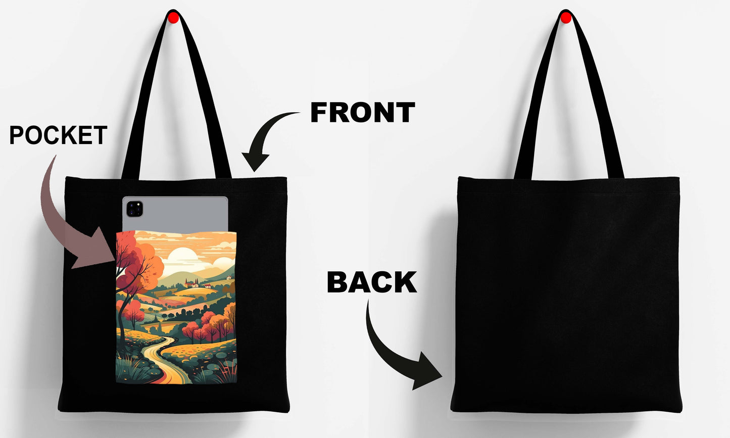 Sunset Design Printed Black With Pocket Tote Bag (14 X 16 Inches) For Shopping, College, Travel