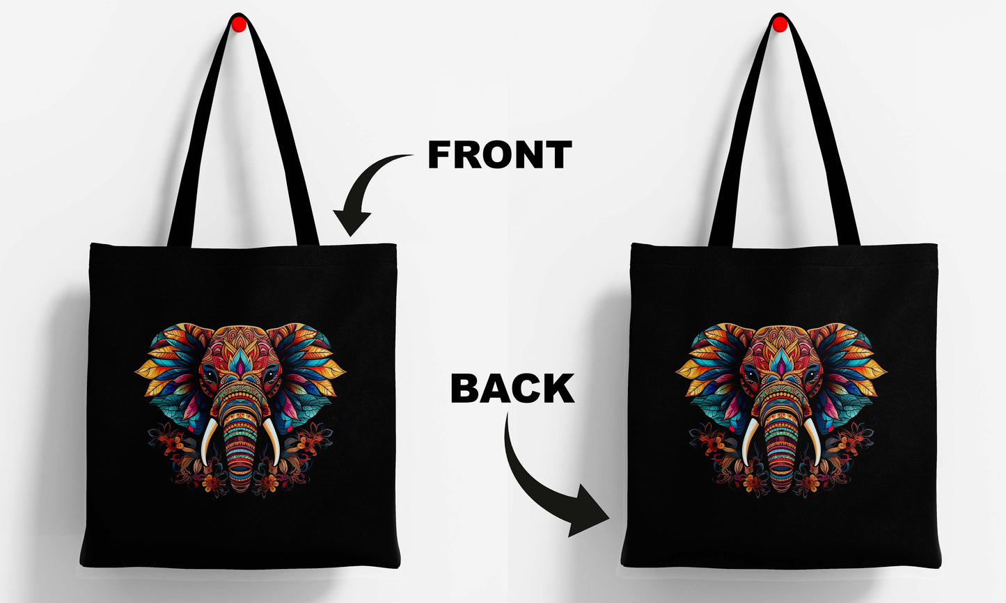 Colourful Elephant Printed Black Tote Bag (14 X 16 Inches) For Shopping, College, Travel