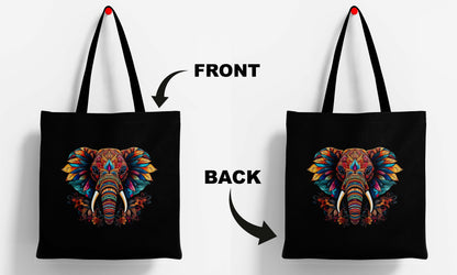 Colourful Elephant Printed Black Tote Bag (14 X 16 Inches) For Shopping, College, Travel