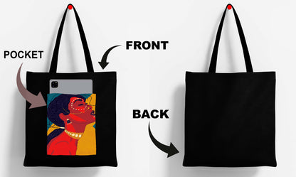 Abstract Woman Design Printed Black With Pocket Tote Bag (14 X 16 Inches) For Shopping, College, Travel
