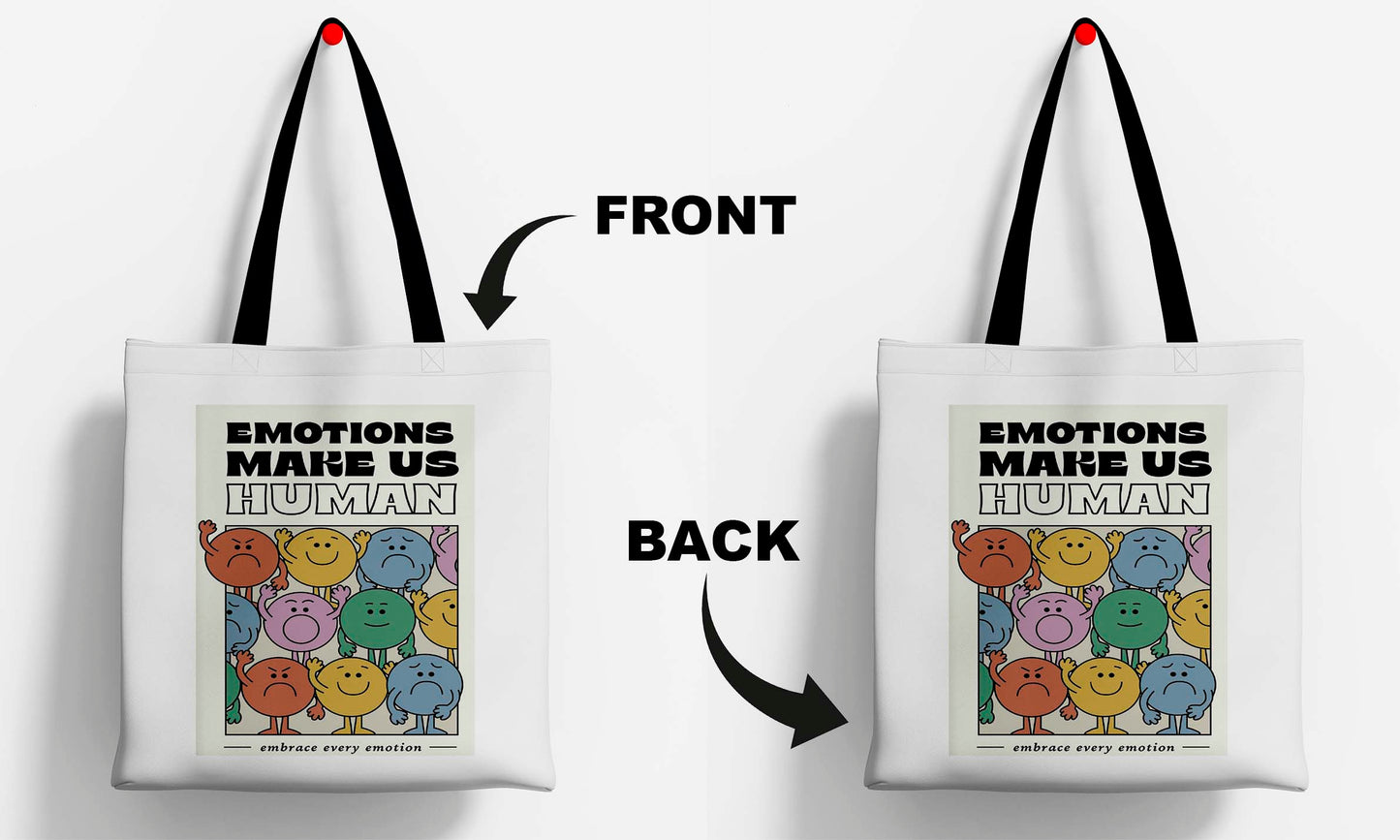 Emotion makes us Human Printed Black Handle Tote Bag (14 X 16 Inches) For Shopping, College, Travel