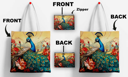 Peacock Printed Design Tote Bag with Pouch Bag (14 X 16 Inches) For Shopping, College, Travel
