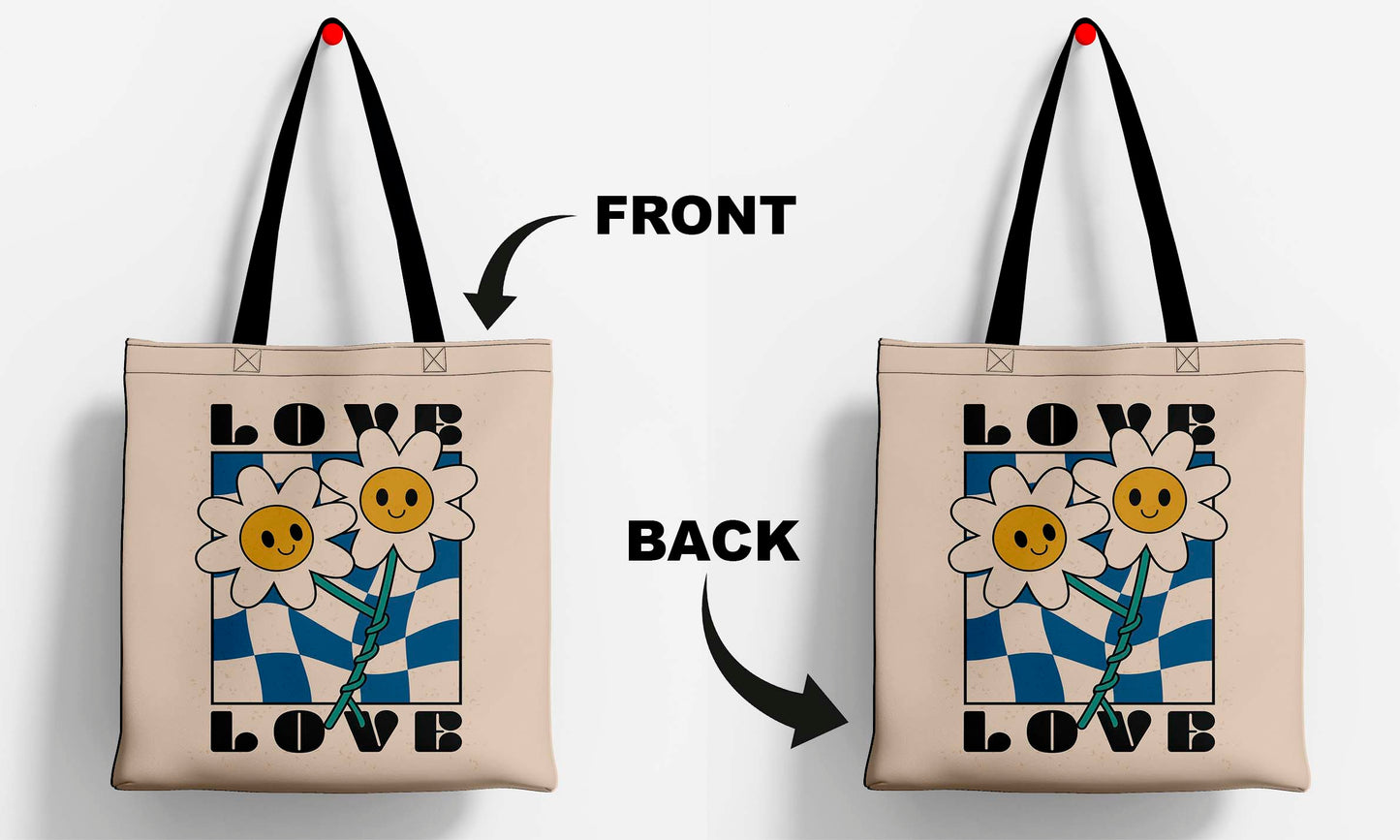 Love Flower Printed Black Handle Tote Bag (14 X 16 Inches) For Shopping, College, Travel