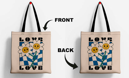 Love Flower Printed Black Handle Tote Bag (14 X 16 Inches) For Shopping, College, Travel