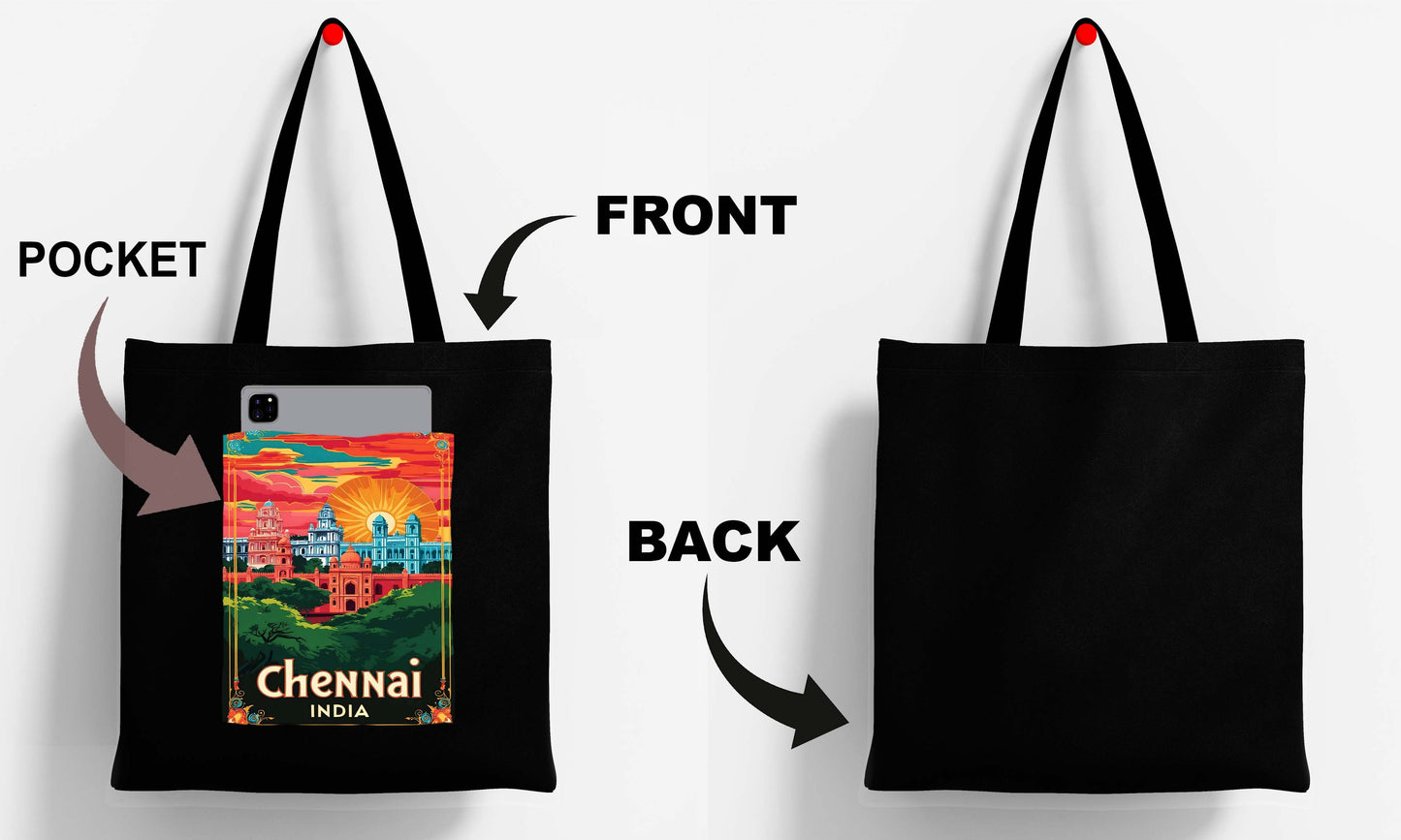 Chennai India Design Printed Black With Pocket Tote Bag (14 X 16 Inches) For Shopping, College, Travel