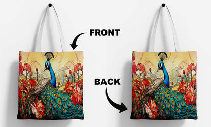 Peacock White Printed Tote Bag (14 X 16 Inches) For Shopping, College, Travel