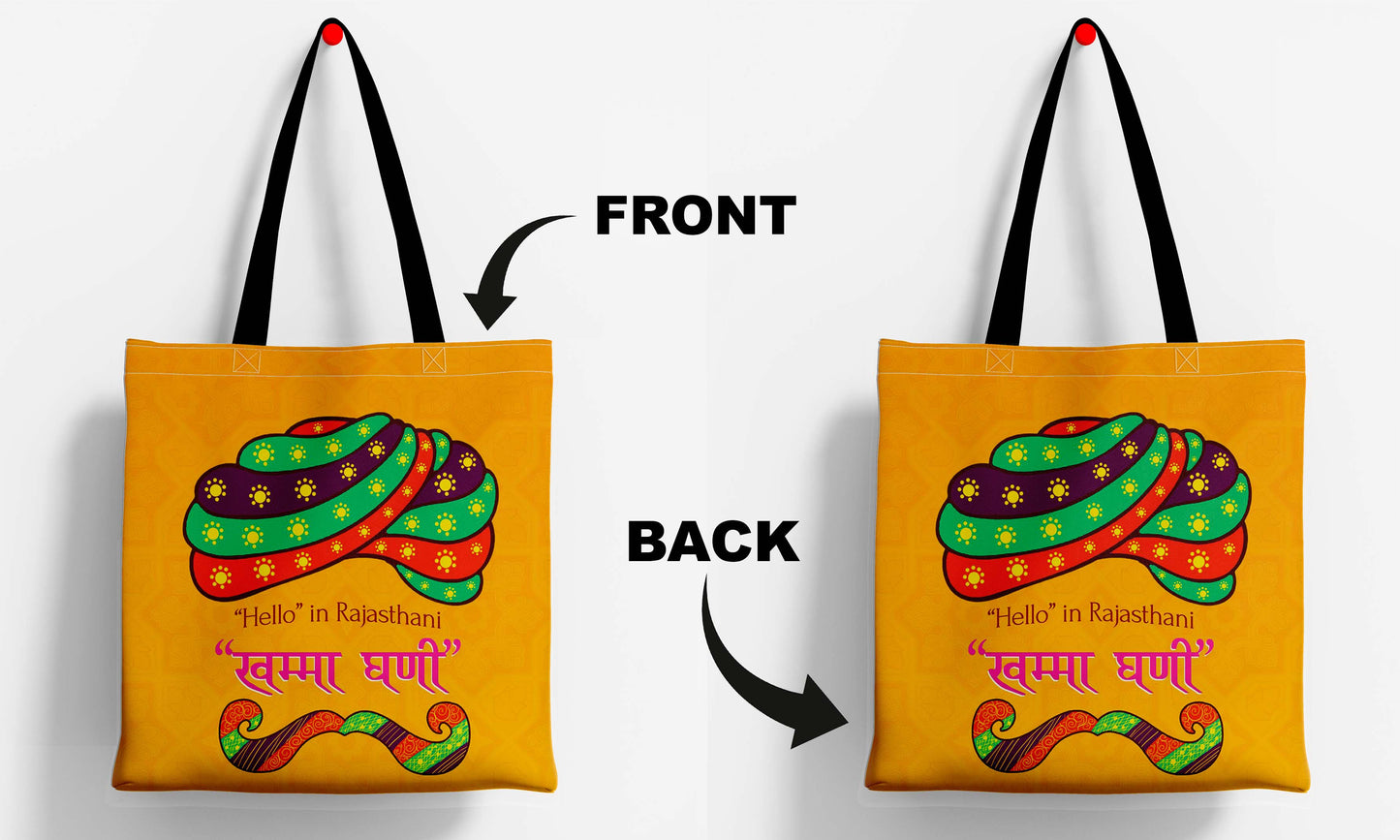 Rajasthani Art Printed Black Handle Tote Bag (14 X 16 Inches) For Shopping, College, Travel