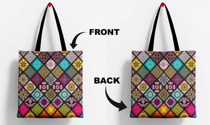 Mandala Design  Printed Black Handle Tote Bag (14 X 16 Inches) For Shopping, College, Travel