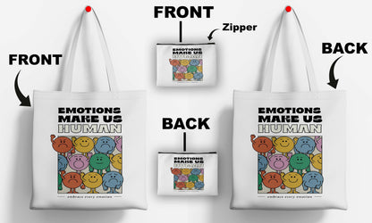 Emotions Makes Human Printed Design Tote Bag with Pouch Bag (14 X 16 Inches) For Shopping, College, Travel