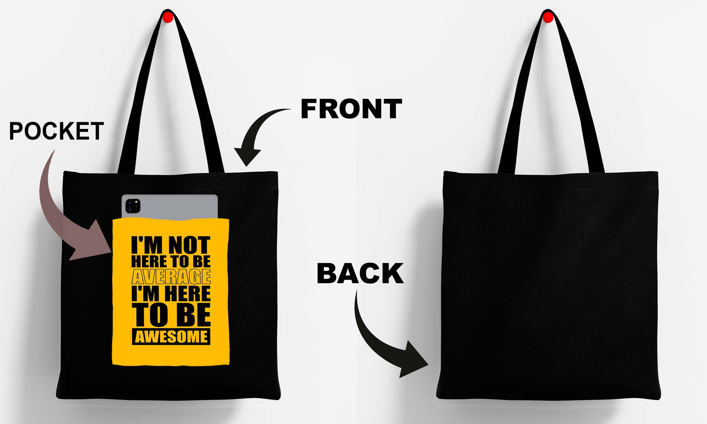 I  am not here Design Printed Black With Pocket Tote Bag (14 X 16 Inches) For Shopping, College, Travel