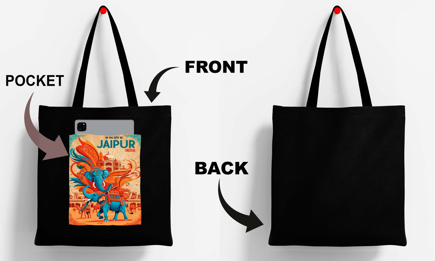 Jaipur India Design Printed Black With Pocket Tote Bag (14 X 16 Inches) For Shopping, College, Travel