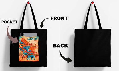 Jaipur India Design Printed Black With Pocket Tote Bag (14 X 16 Inches) For Shopping, College, Travel